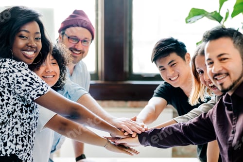 Preview: Diverse startup business team stacking hands
