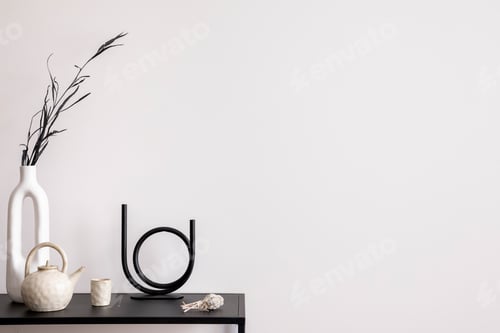 Preview: Aesthetic interior of living room with copy space, white wall, black table, candlestick,