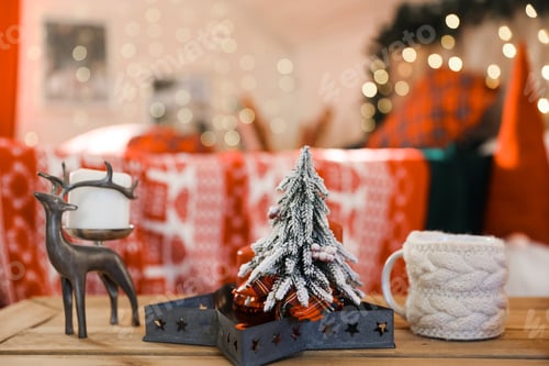 Preview: Decorations for christmas party. Christmas decorations ideas. New Year's atmosphere, festive concept