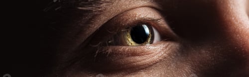 Preview: close up view of human eye looking away in dark, panoramic shot