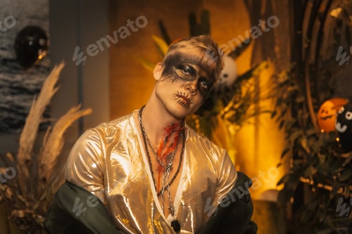 Preview: Halloween party with friends in a disco nightclub, portrait of a blonde man in zombie makeup