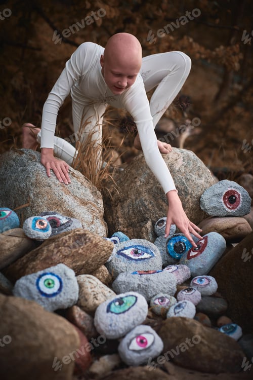Preview: Young hairless girl with alopecia in white futuristic costume looking at surreal lot of rocks eyes
