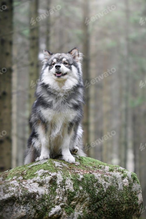 Preview: Portrait of a purebred Finnish Lapphund dog sitting on a rock in the forest or woods