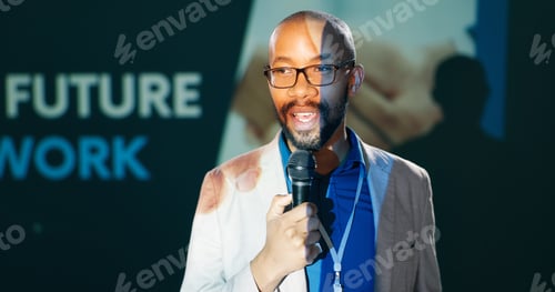 Preview: Conference, future and speech with man on stage for business seminar or workshop. Microphone, trade
