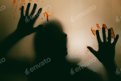 Preview: Shadowy figure with blood behind glass - horror background