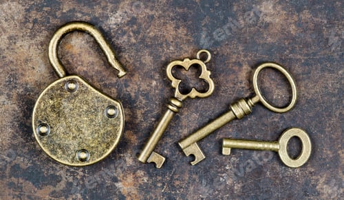 Preview: Antique padlock and keys, escape room game concept