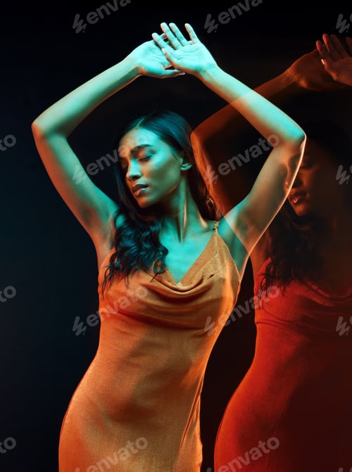 Preview: Green light, dance and double exposure of Indian woman with beauty and fashion brand aesthetic. Cre
