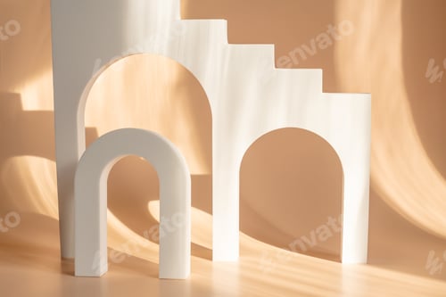 Preview: white podium withhard shadows on beige background. Concept scene stage showcase for product, promoti