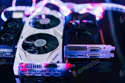 Preview: Graphics cards of different sizes and configurations on black table under neon light. Part of