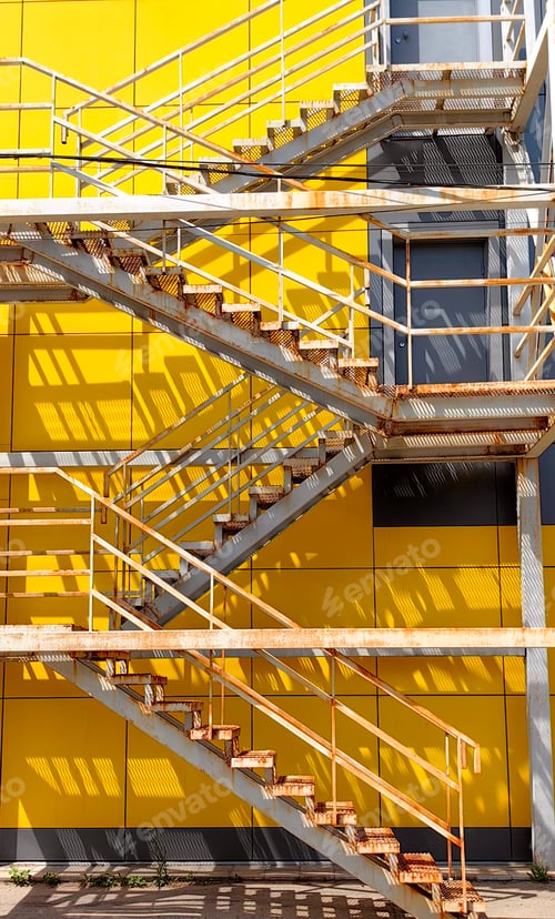 Vorschau: einzigartige Metalltreppe mit leuchtend gelbem Hintergrund, der Schatten in industrieller Umgebung zeigt.