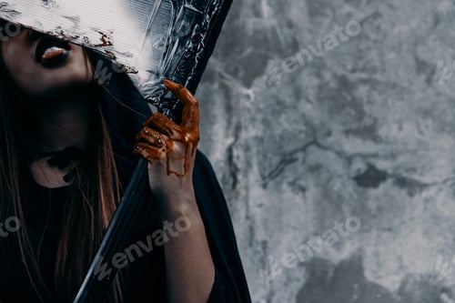 Preview: Psychopom with scythe horor halloween at dark background, demon or devil ghost