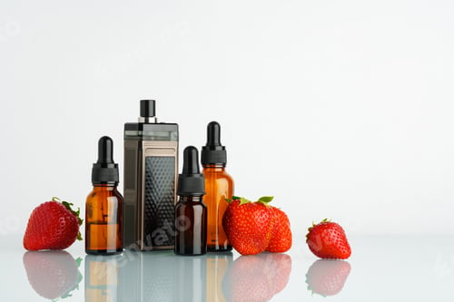 Preview: Electronic cigarette liquid with strawberry flavor on white background