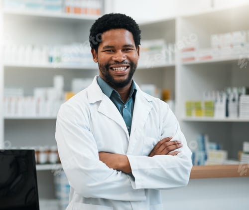 Preview: Pharmacist, black man and arms crossed for healthcare, medicine and clinic solution, service and su