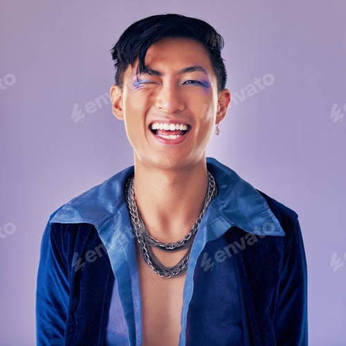 Preview: Punk, rock and portrait of a man with a smile for metal music, lifestyle and identity against a pur