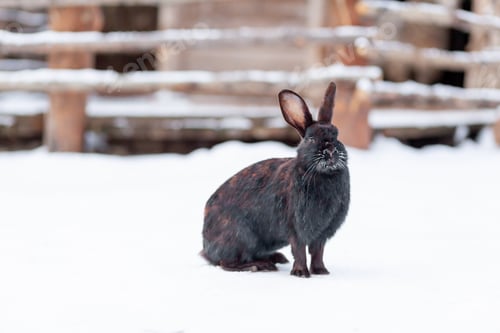 Preview: Beautiful, fluffy black rabbit in winter in the park