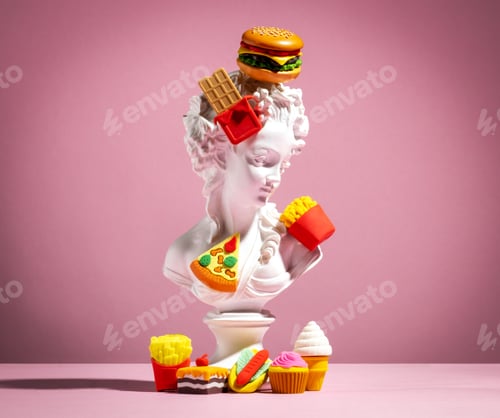 Preview: Plaster statue of woman pasted with miniature fast food on pink background.