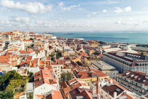 Preview: Aerial view of the skyline and cityscape of the old city of Lisbon in Portugal