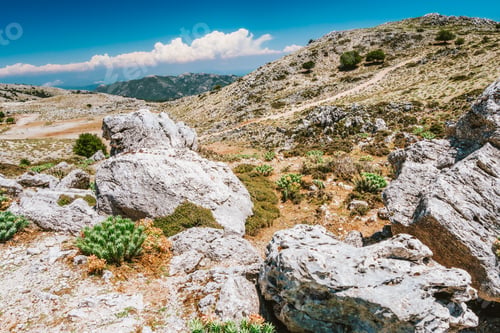 Preview: Mountainscape plateau and rocky highland of Kefalonia island, Greece with barren vegetation