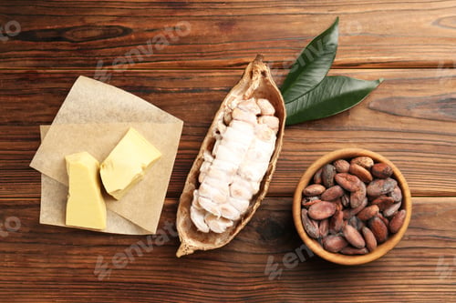 Preview: Cocoa pod with beans and butter on wooden table, flat lay