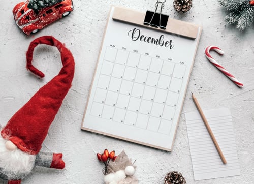 Visualização: Temporada de Natal plana com calendário de dezembro e natal