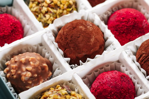 Preview: A set of truffle sweets with different fillings in a box close-up