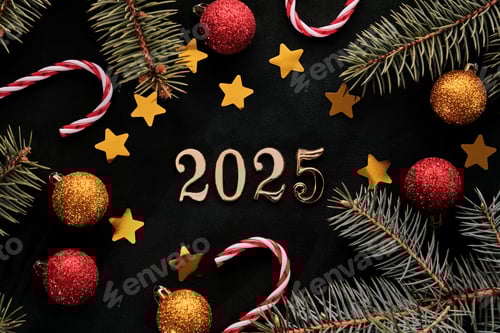 Preview: New Year 2025 background. Number of the coming year in Christmas decoration.