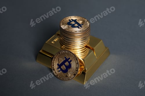 Preview: Bitcoins and gold bars on grey background, closeup