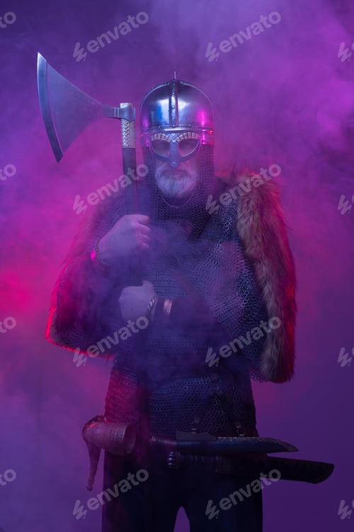 Preview: Cyberpunk elder viking with axe in smoke