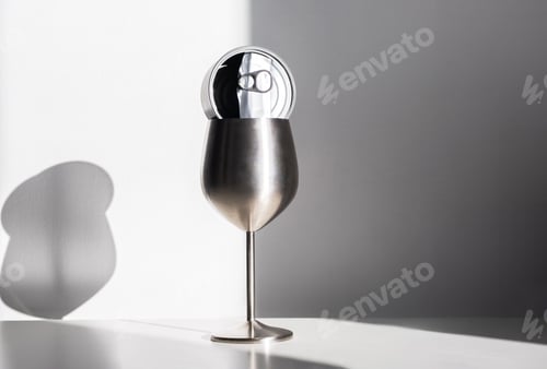 Preview: Stainless Steel Wine Glass with Tin Can in Harsh Light. Eco Conscious Still Life.