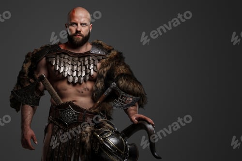 Preview: Viking man in a beard and bald head against a gray background