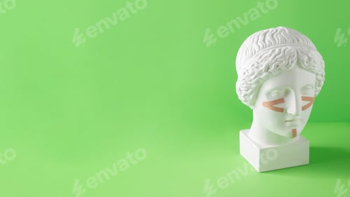 Preview: Beige tapes for the face on the bust on a green background. Non-surgical facelift, rejuvenation