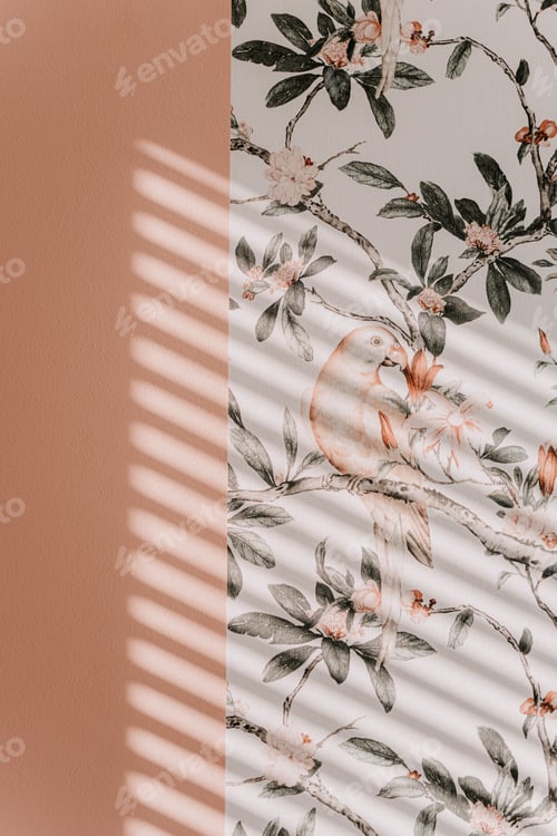 Preview: Modern room wallpaper with a vibrant floral arrangement featuring a small birds