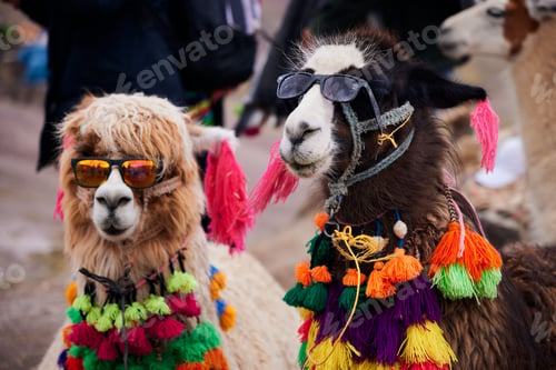 Preview: Closeup of funny lama and alpaca with ornaments and sunglasses