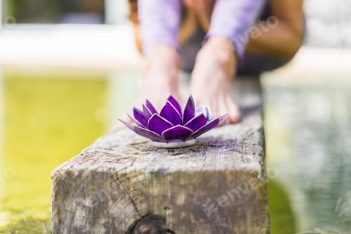 Preview: Lotus Flower on Wooden Plank with Bare Feet