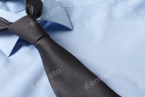 Preview: Color male necktie on blue shirt, closeup