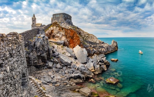Preview: Porto Venere, Italy with church of St. Peter on cliff.