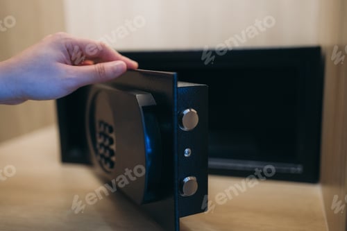 Preview: Close-up of a person hand entering a password to unlock and open the safe box door.