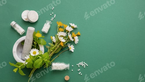 Preview: Homeopathy, globules and herbs on green background