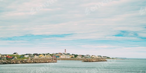 Preview: Alnesgard, Godoya, Norway. Old Alnes Lighthouse In Summer Day In Godoy Island Near Alesund Town