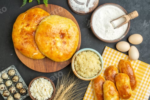 Preview: Above view of delicous fresh baked pastries and cheese peppers eggs heart shaped flour on the wooden