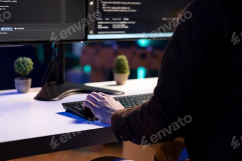 Preview: IT admin in apartment fixing coding issues, typing on keyboard, close up