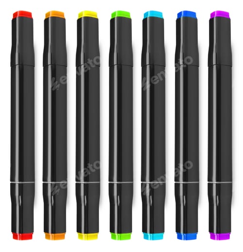 Preview: Color double sided markers on white background, set. Top view