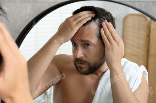 Vista previa: Man with hair loss problem looking at mirror indoors