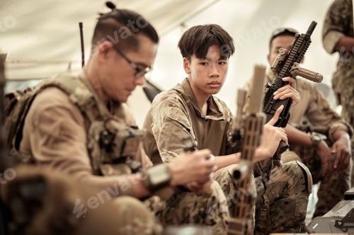 Preview: Soldiers in camouflage uniforms planning on operation in the camp