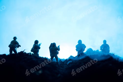 Preview: Toy soldiers with weapon and smoke on blue background, battle scene