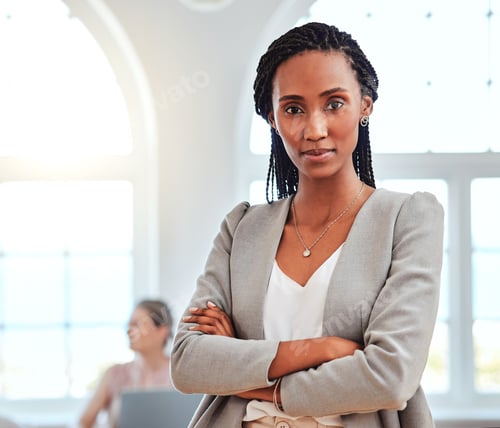 Preview: Portrait, African American woman and leader stand in office confident, relax and happy for successf