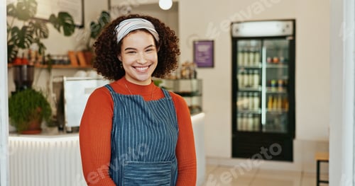 Preview: Portrait, welcome and woman in coffee shop with friendly smile for service or hospitality. Cafe, re