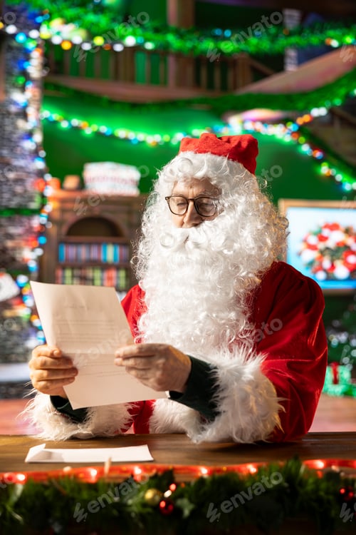 Preview: Santa Claus in his cozy log cabin reads wish lists and letters
