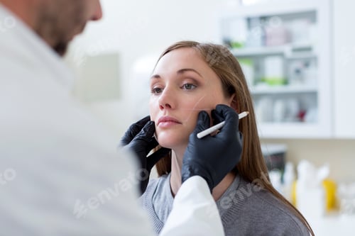 Preview: Cosmetic surgeon marking patient's face for surgery