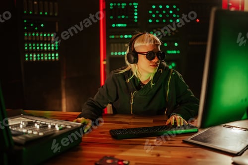 Preview: Female programmer hacking computer in dark server room